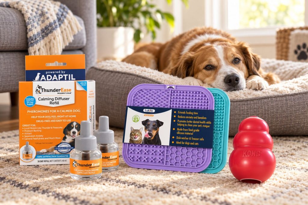 Calming diffuser, lick mats, and KONG toy near a relaxed dog