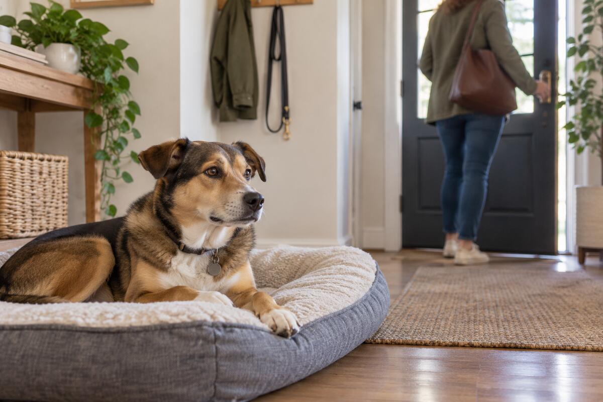 Calm dog resting on its bed while its owner leaves home