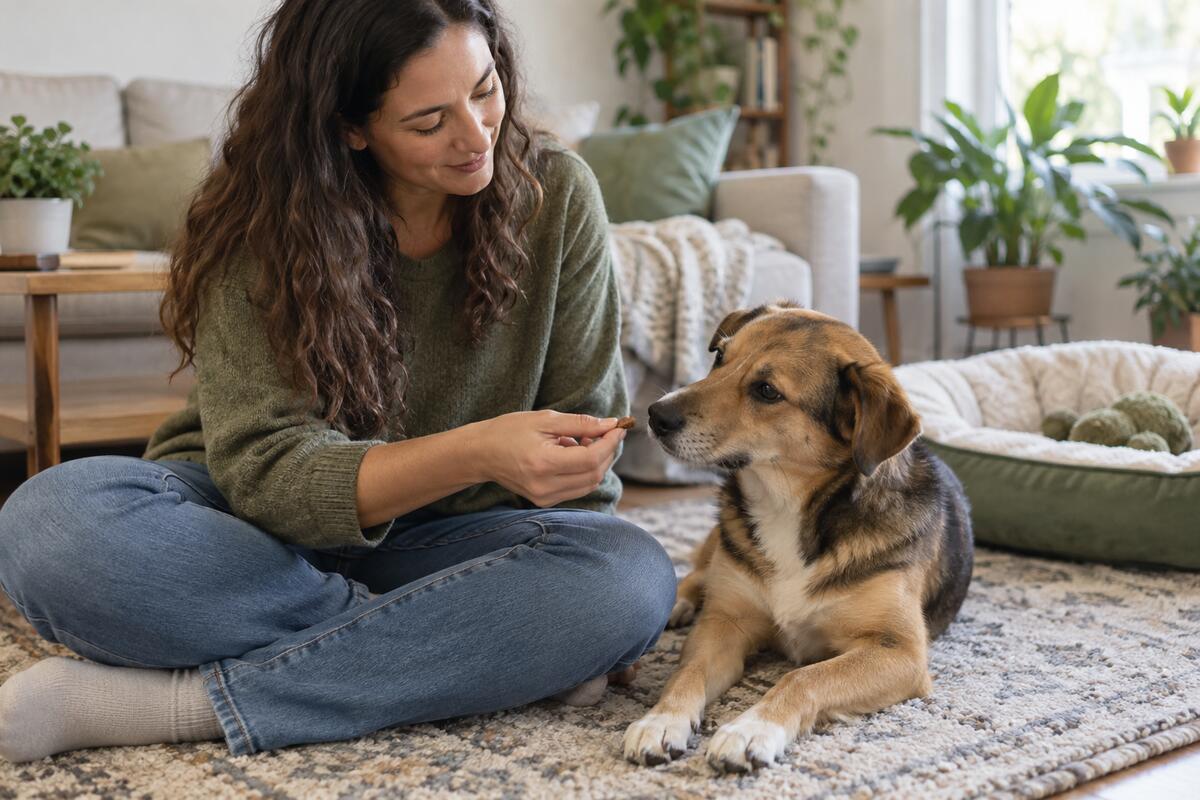 Owner offering a small calming chew to a relaxed dog at home
