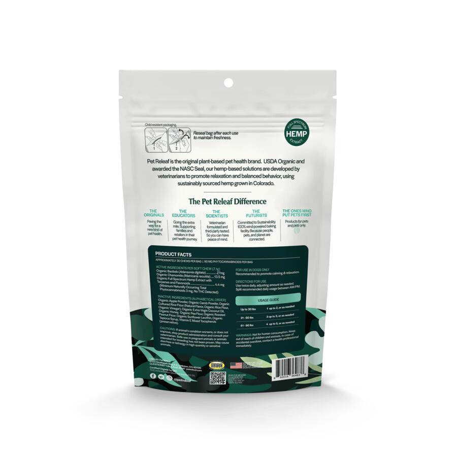 Back of Pet Releaf Stress Releaf Edibites package with ingredients and usage guide