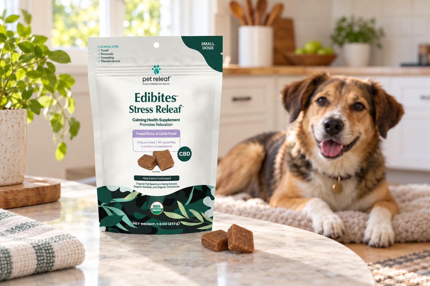 Pet Releaf Stress Releaf Edibites on a kitchen counter with a calm dog nearby