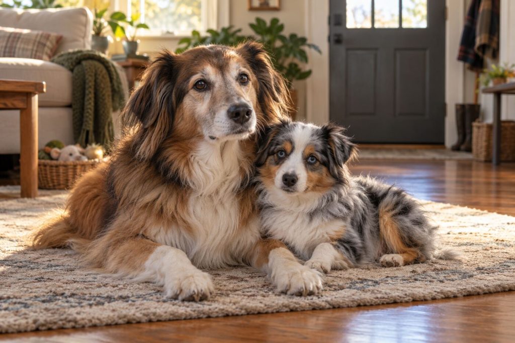 An older collie-cocker spaniel mix resting beside a small toy Australian shepherd at home